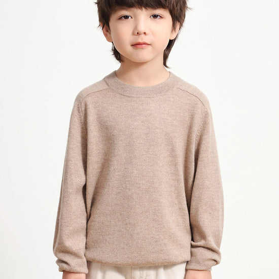 COMOBOCA LIGHT BROWN 100% Wool Kids' Round Neck Plain 100% Sweater