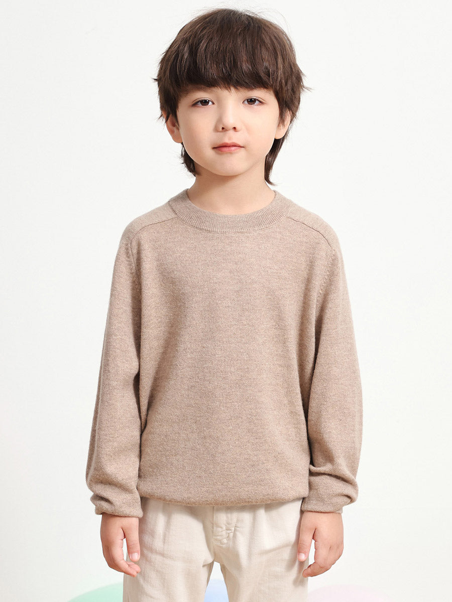 COMOBOCA LIGHT BROWN 100% Wool Kids' Round Neck Plain 100% Sweater
