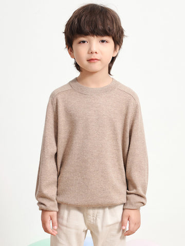 COMOBOCA LIGHT BROWN 100% Wool Kids' Round Neck Plain 100% Sweater