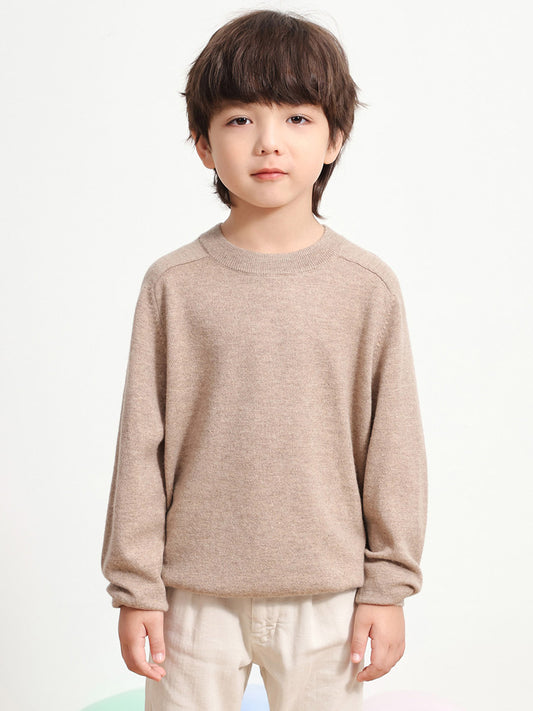 COMOBOCA LIGHT BROWN 100% Wool Kids' Round Neck Plain 100% Sweater