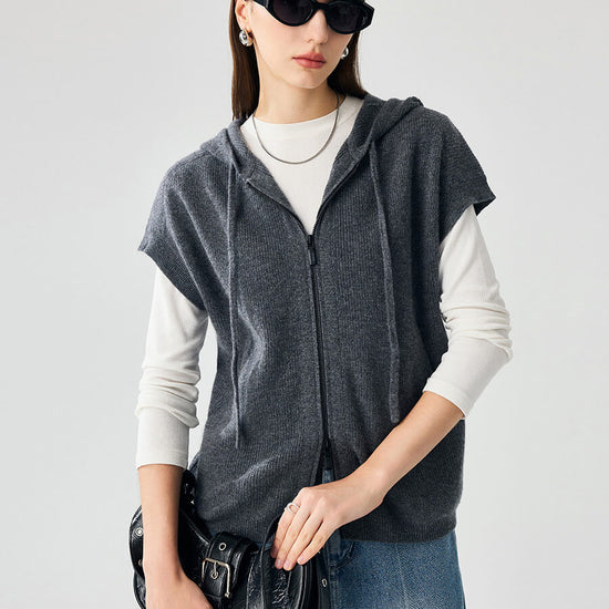 COMOBOCA Gray 100% Cashmere Women's Hooded Double-Head Zipper Vest