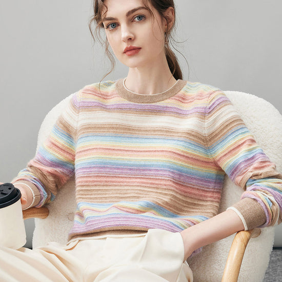 COMOBOCA 100% Cashmere Women's Rainbow Striped Round Neck Sweater