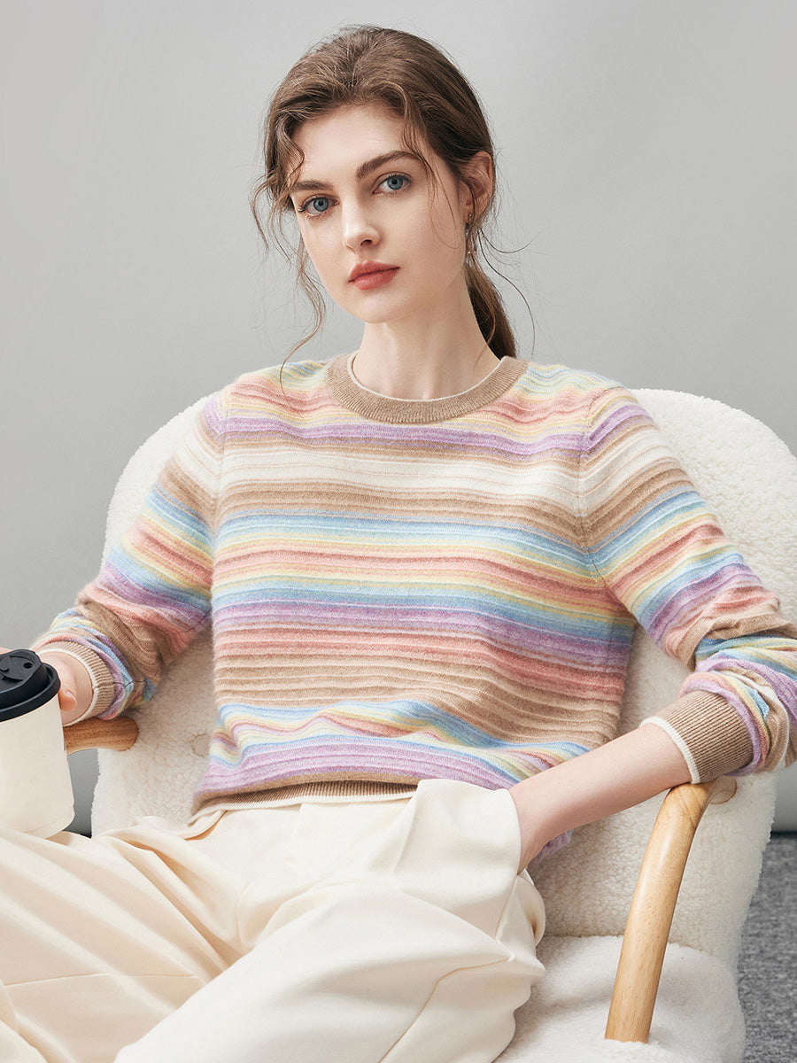 COMOBOCA 100% Cashmere Women's Rainbow Striped Round Neck Sweater