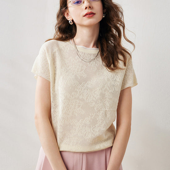 COMOBOCA Cream Women's Lace Patterned Knit T-Shirt