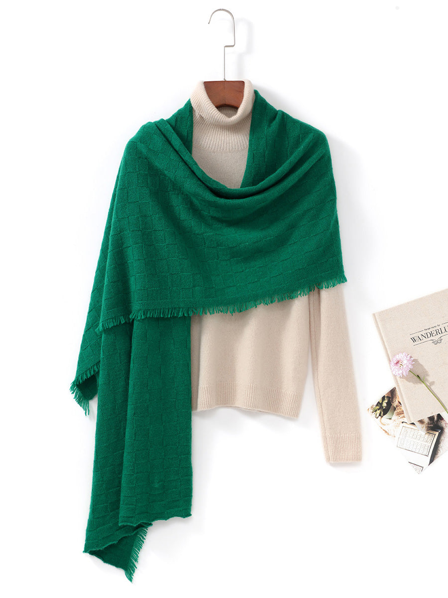 COMOBOCA GREEN 100% Cashmere Fringe Solid Color Shawl Scarf