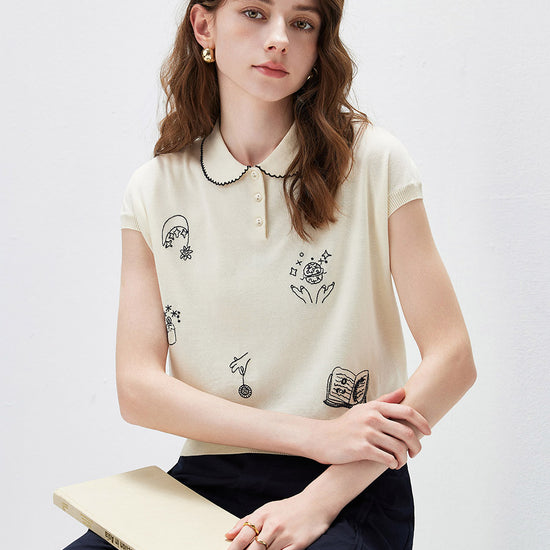 COMOBOCA Women's Embroidered Collared Knit T-Shirt