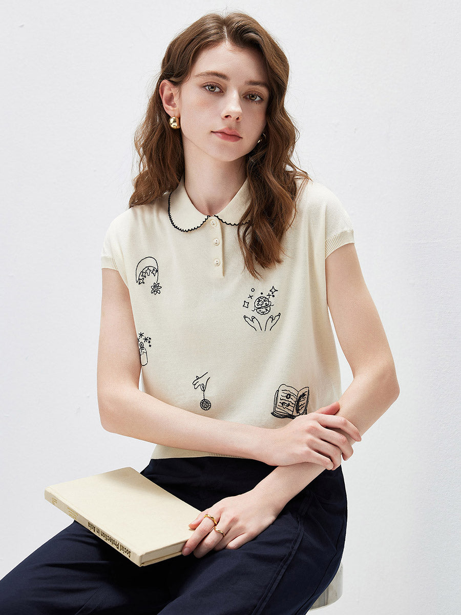 COMOBOCA Women's Embroidered Collared Knit T-Shirt