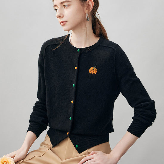 COMOBOCA 100% Cashmere Women's Pumpkin Embroidery Knit Cardigan