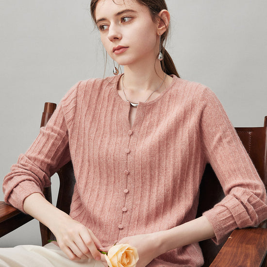 COMOBOCA 100% Cashmere Women's Ribbed Faux Knit Cardigan Sweater