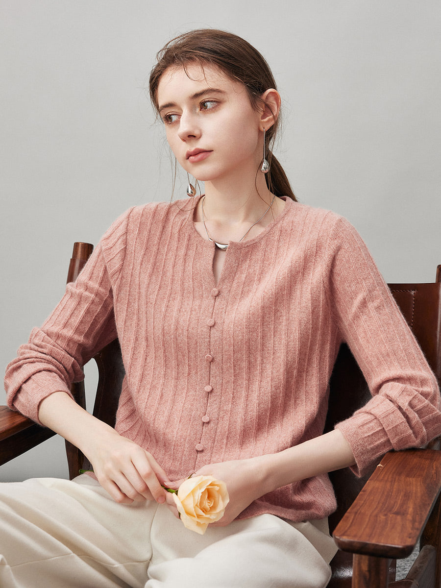 COMOBOCA 100% Cashmere Women's Ribbed Faux Knit Cardigan Sweater