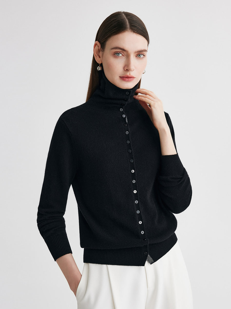 COMOBOCA Black 100% Cashmere Women's Turtleneck Button-Up Cardigan