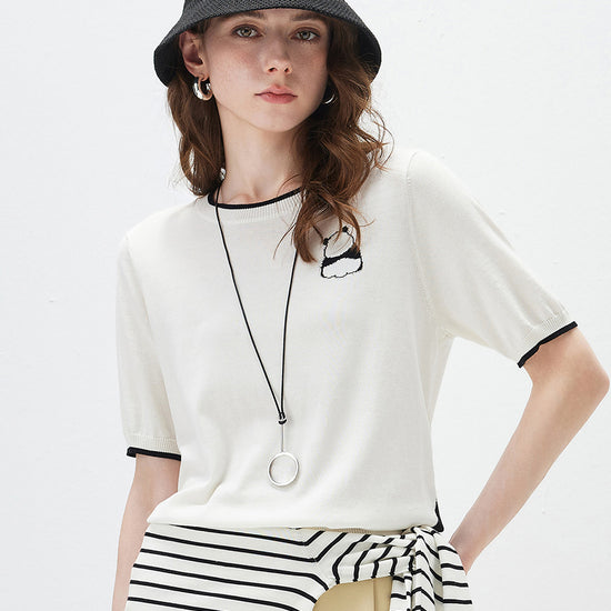 COMOBOCA Women's Panda Motif Contrast Trim Knit T-Shirt