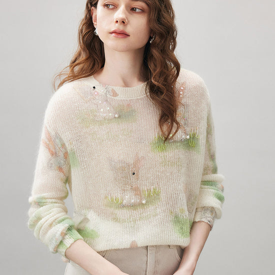 COMOBOCA Women's Bunny Printed Round Neck Sweater