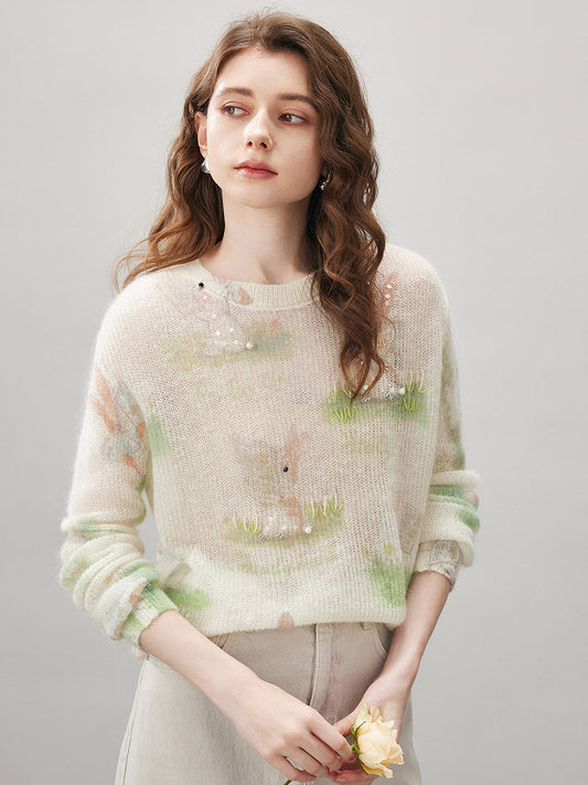 COMOBOCA Women's Bunny Printed Round Neck Sweater