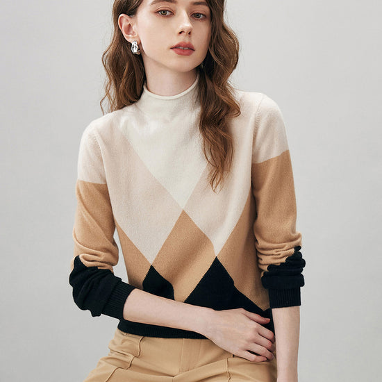 COMOBOCA 100% Cashmere Women's Turtleneck Geometric Ribbed Sweater