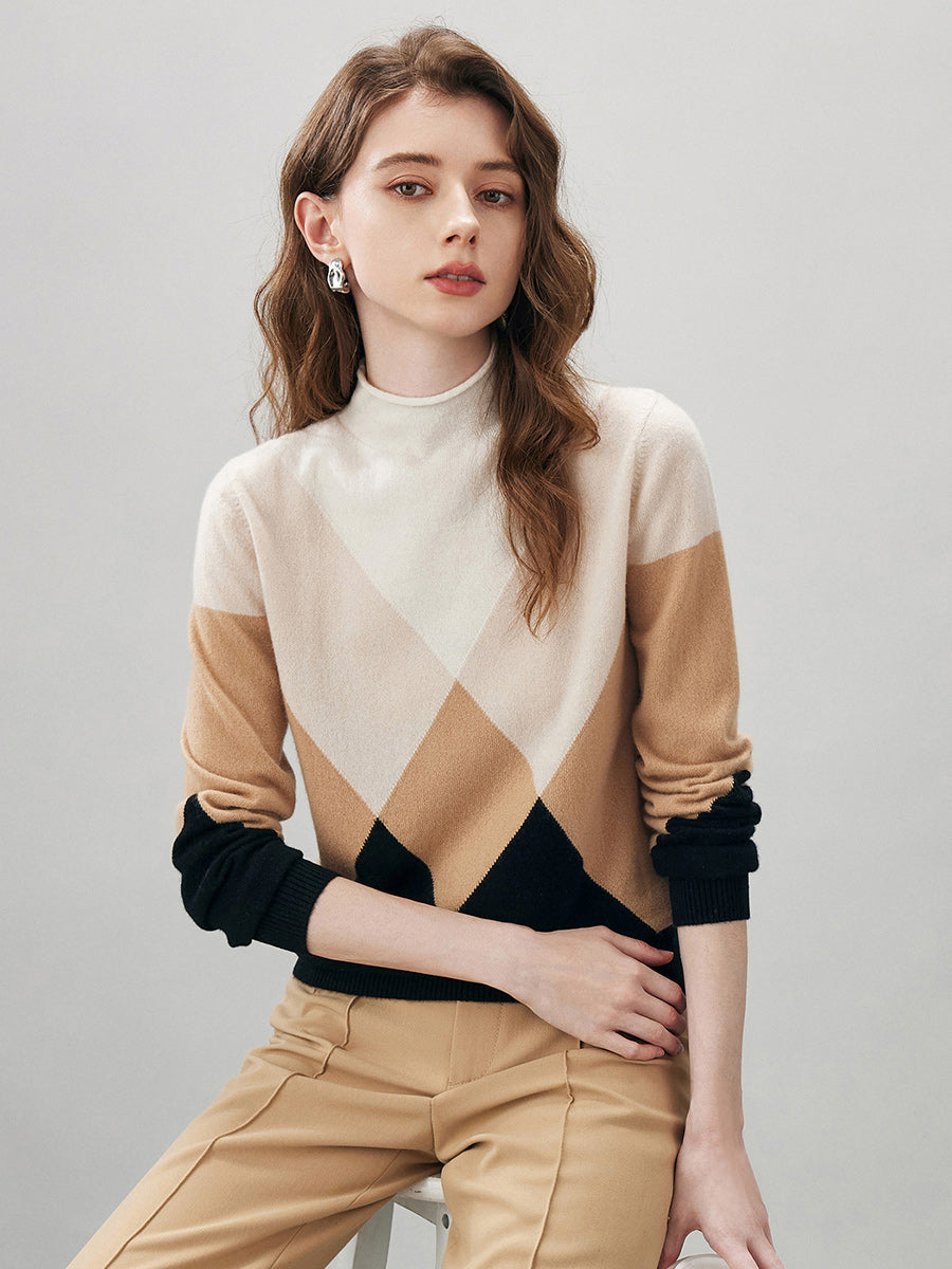 COMOBOCA 100% Cashmere Women's Turtleneck Geometric Ribbed Sweater