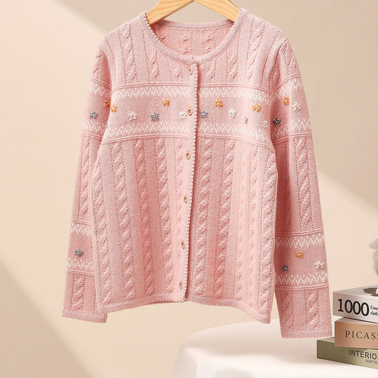 COMOBOCA 100% Wool Kid's Floral Embroidered Cable Knit Cardigan