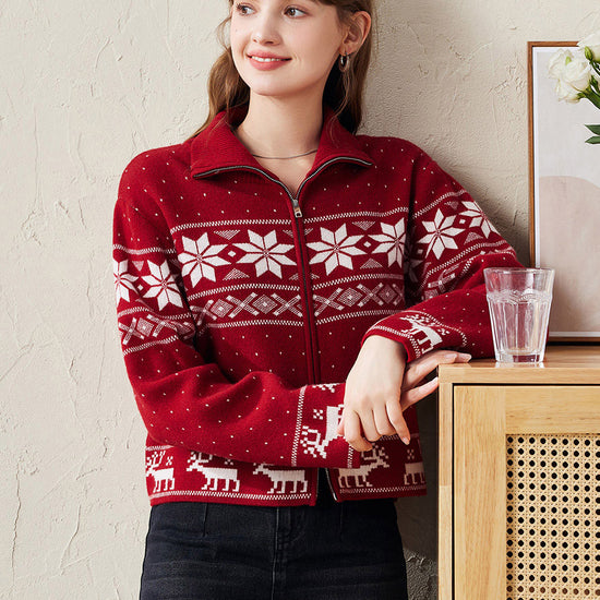 COMOBOCA RED 100% Wool Women's Winter Wonderland Knit Cardigan