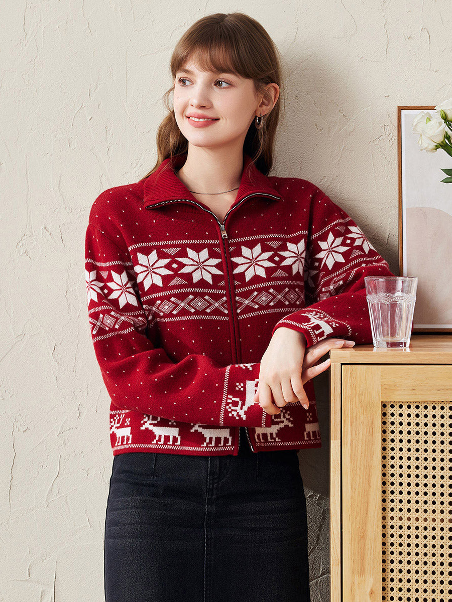 COMOBOCA RED 100% Wool Women's Winter Wonderland Knit Cardigan