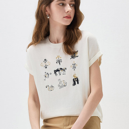 COMOBOCA Women's Embroidered Short Sleeve Knit Top