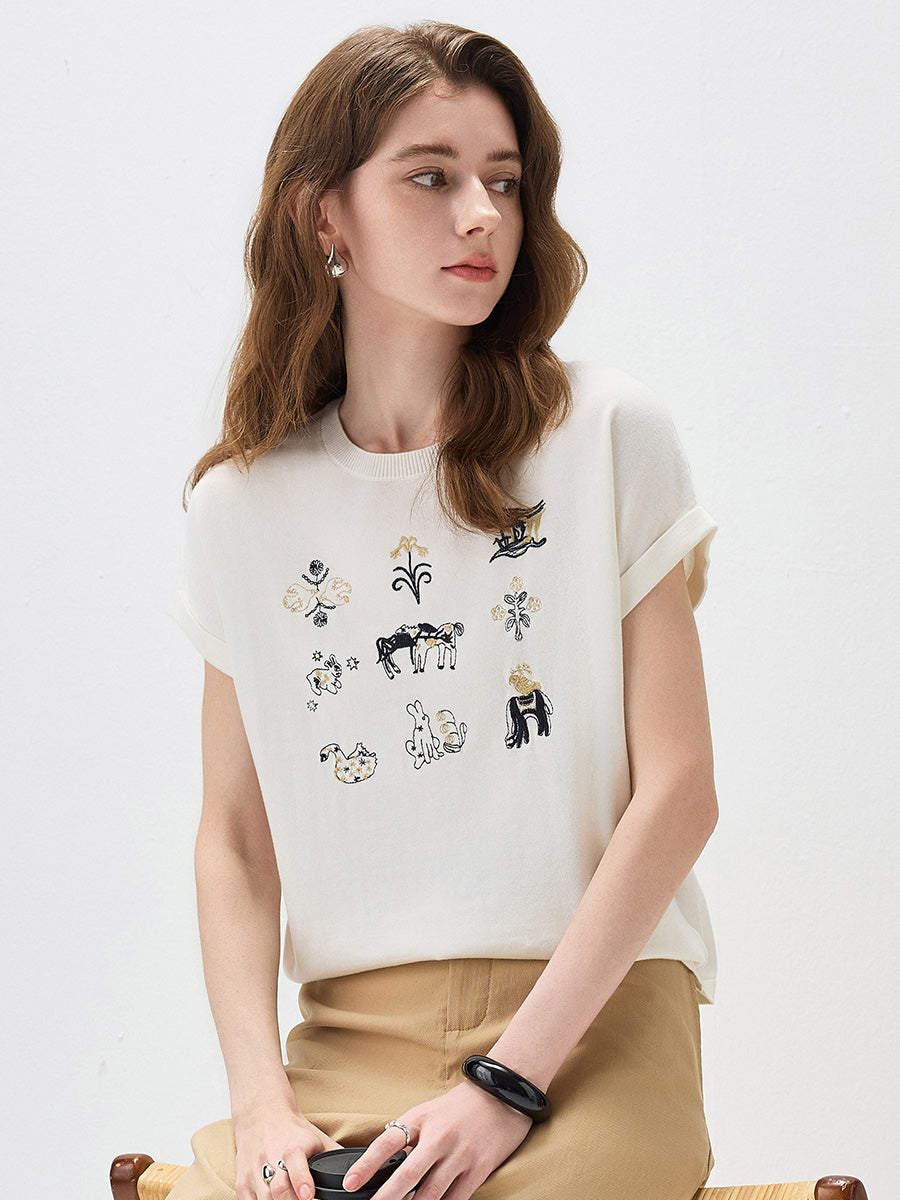 COMOBOCA Women's Embroidered Short Sleeve Knit Top