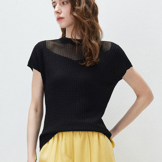 COMOBOCA Black Women's Waffle Knit Cap Sleeve T-Shirt with Sheer Yoke