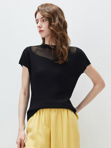 COMOBOCA Black Women's Waffle Knit Cap Sleeve T-Shirt with Sheer Yoke