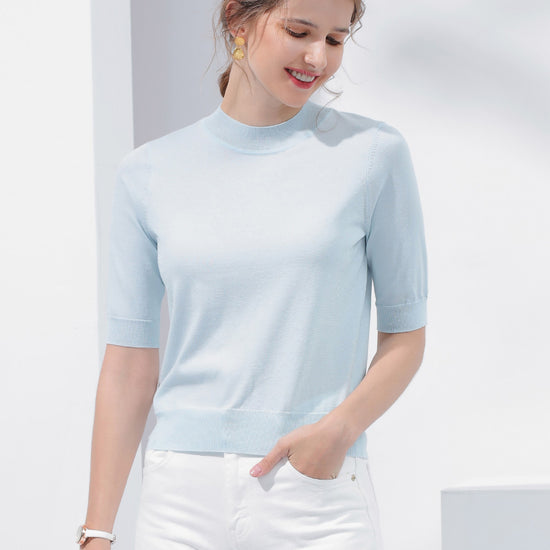 COMOBOCA Light Blue Women's Short Sleeve Mock Neck Knit Sweater
