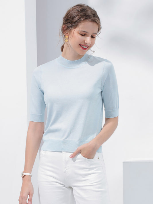 COMOBOCA Light Blue Women's Short Sleeve Mock Neck Knit Sweater