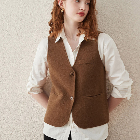 COMOBOCA Brown 100% Wool Elegant Sleeveless Button-Up Vest