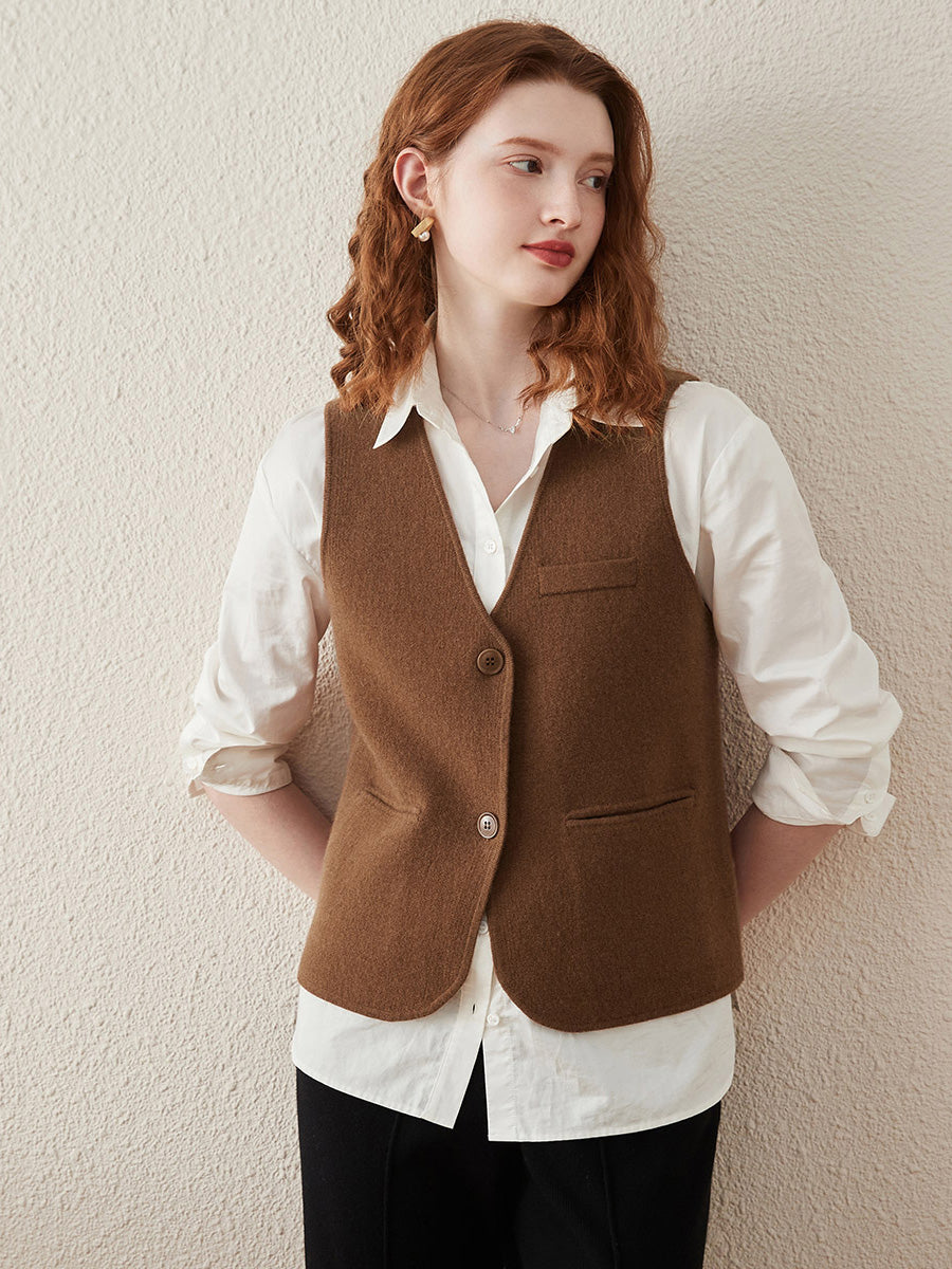 COMOBOCA Brown 100% Wool Elegant Sleeveless Button-Up Vest