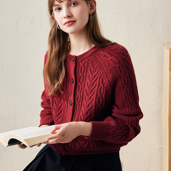 COMOBOCA 100% Wool Women's Cable Knit Button Cardigan