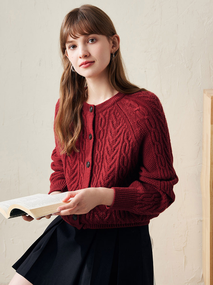 COMOBOCA 100% Wool Women's Cable Knit Button Cardigan