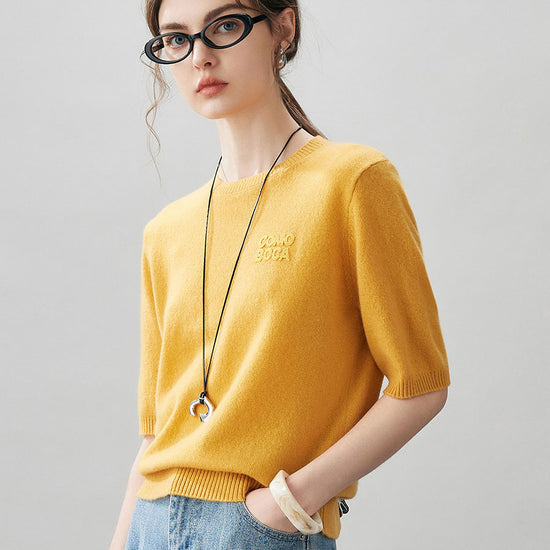 COMOBOCA 100% Cashmere Women's Embroidered Logo Short Sleeve Sweater