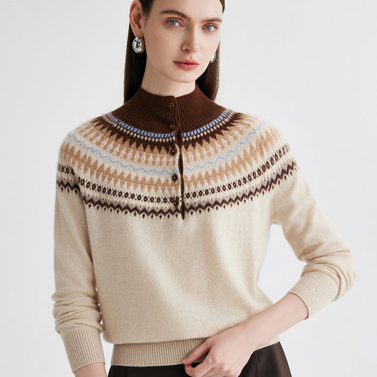 COMOBOCA Beige 100% Cashmere Women's Fair Isle Mock Neck Button Front Sweater