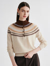 COMOBOCA Beige 100% Cashmere Women's Fair Isle Mock Neck Button Front Sweater