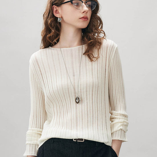 COMOBOCA Beige Women's Ribbed Round Neck Knit Sweater