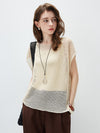 COMOBOCA Beige Women's Sheer Mesh Knit Cap Sleeve Top with Side Slit