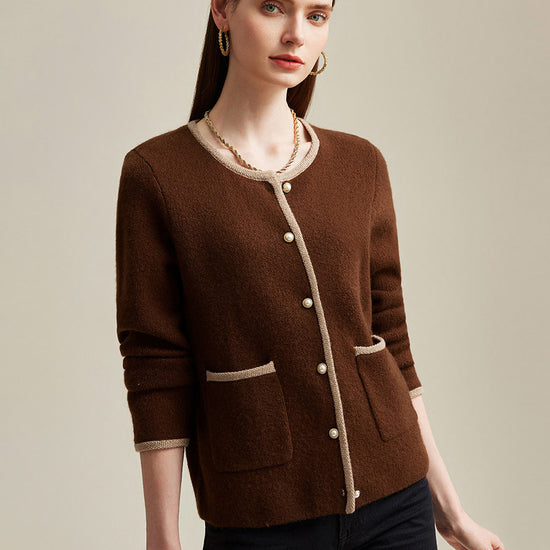 COMOBOCA Brown 100% Cashmere Women's Two-Tone Buttoned Cardigan