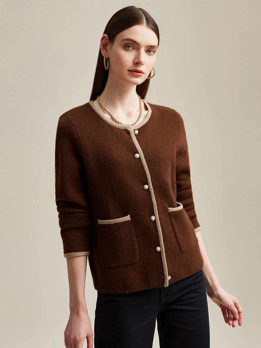COMOBOCA Brown 100% Cashmere Women's Two-Tone Buttoned Cardigan