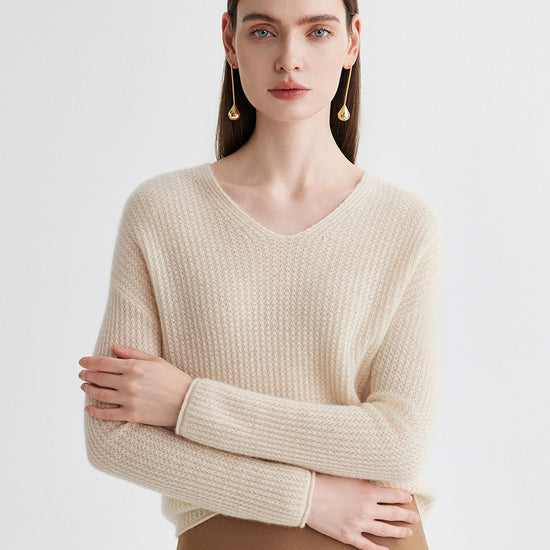 COMOBOCA 100% Cashmere Women's Ribbed V-Neck Knit Sweater