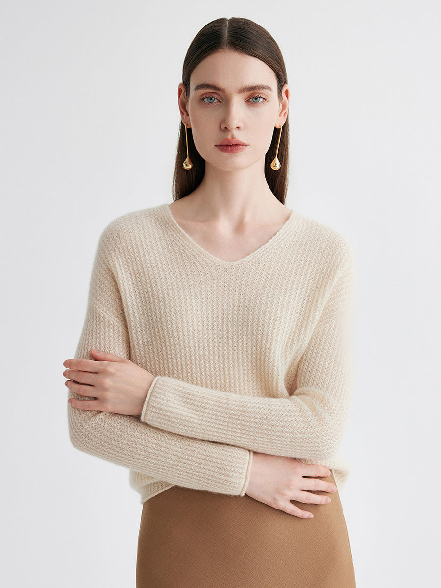 COMOBOCA 100% Cashmere Women's Ribbed V-Neck Knit Sweater