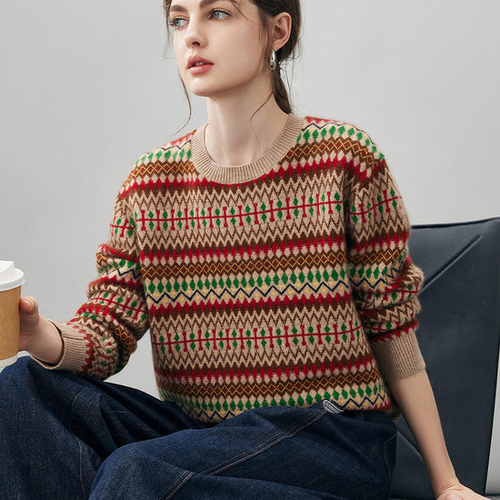 COMOBOCA 100% Cashmere Women's Fair Isle Round Neck Sweater