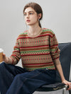 COMOBOCA 100% Cashmere Women's Fair Isle Round Neck Sweater