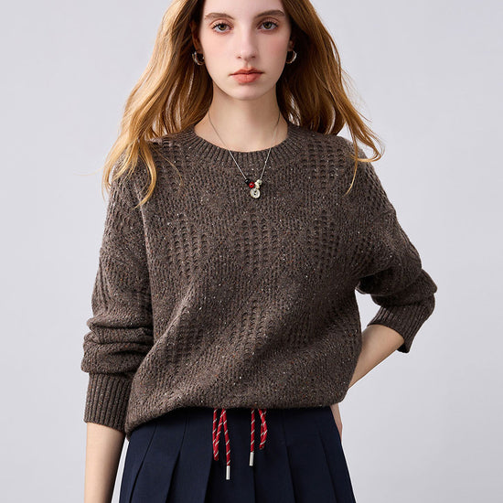 COMOBOCA Coffee Camel 100% Cashmere Women's Openwork Knit Round Neck Sweater