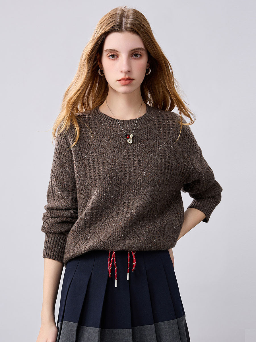 COMOBOCA Coffee Camel 100% Cashmere Women's Openwork Knit Round Neck Sweater