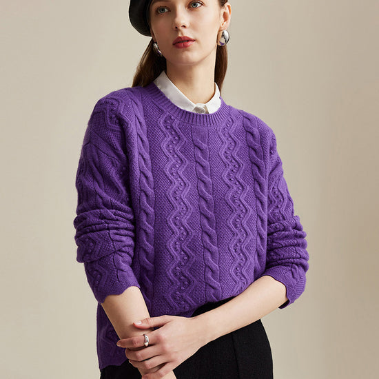 COMOBOCA Purple 100% Wool Women's Vibrant Color Cable Knit Sweater