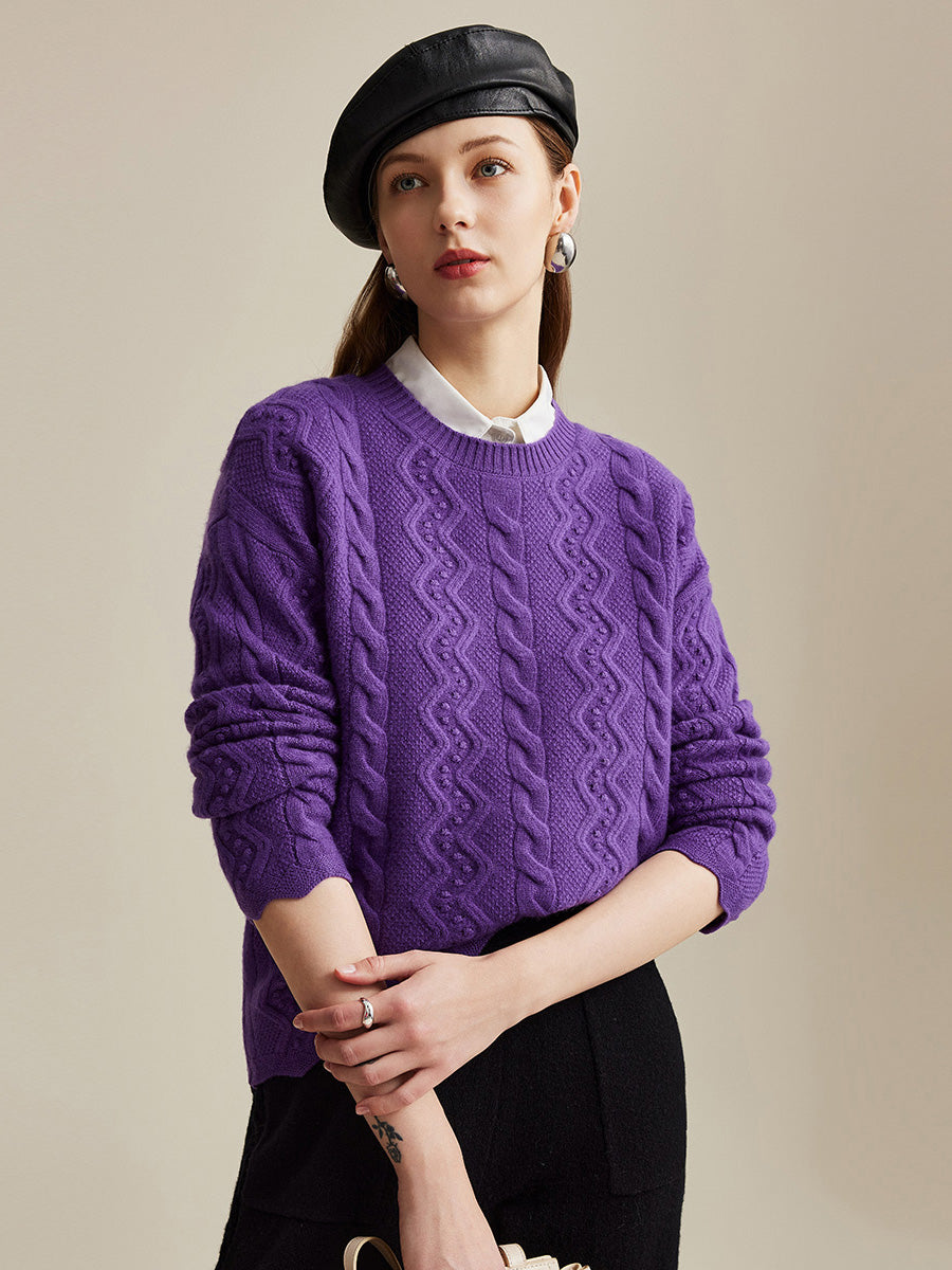 COMOBOCA Purple 100% Wool Women's Vibrant Color Cable Knit Sweater