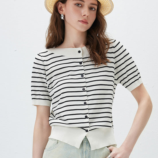 COMOBOCA Women's Striped Short Sleeve Knit Cardigan