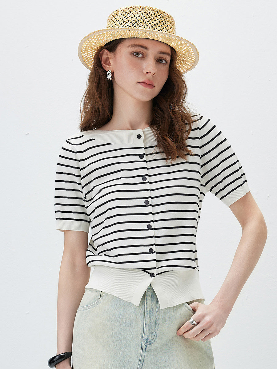 COMOBOCA Women's Striped Short Sleeve Knit Cardigan